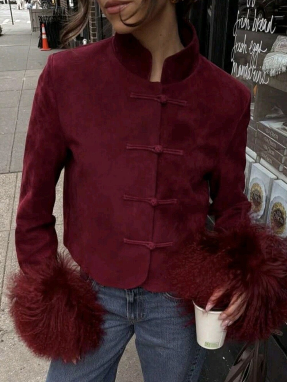 Frog Button Short Jacket, Stand Collar Faux Suede Coat, Detachable Faux Fur Cuff